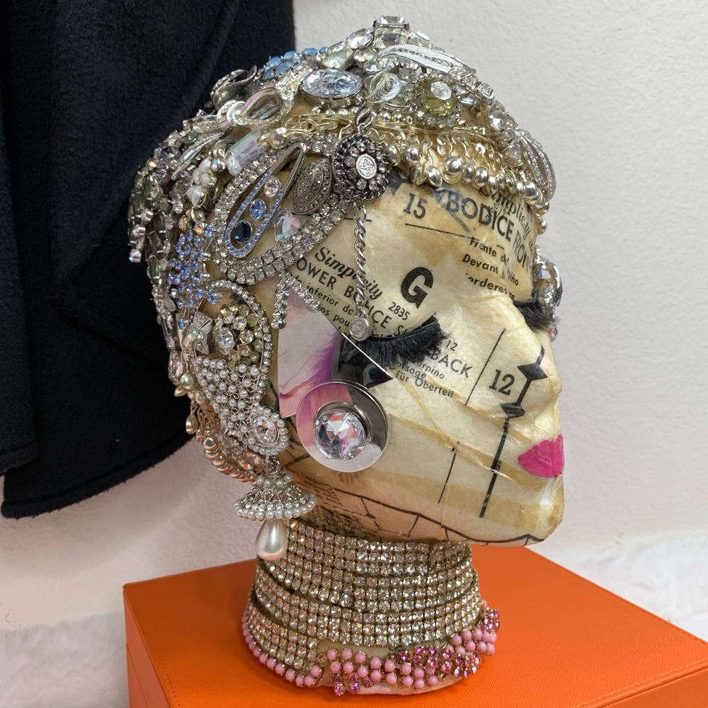 Vintage mannequin Head Decorated  vintage Jewels.